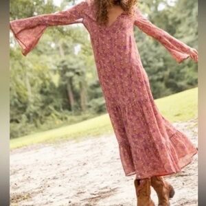 Natural Dance with Me Maxi Dress Bell Sleeve Tiered Floral Cottage Western READ